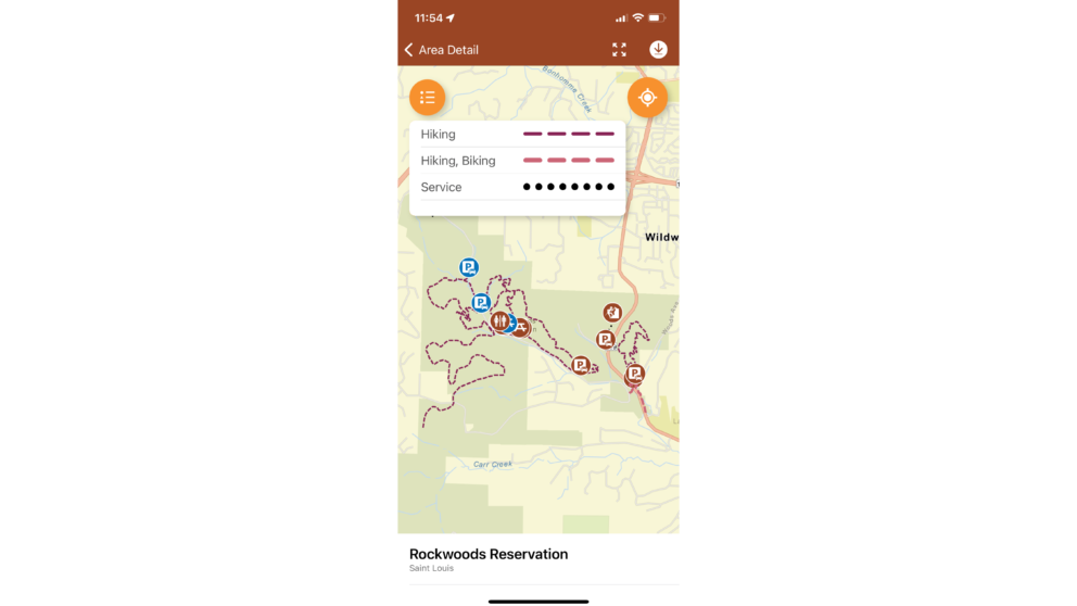 Area Detail page of Rockwoods Reservation located in Saint Louis that shows different dotted and dashed lines in different colors to indicate trails meant for hiking, hiking and biking, and service roads.