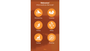 The welcome page of MO Outdoors app that prompts "what would you like to do?" with options to choose birdwatching, camping, fishing, hiking, hunting, and shooting.