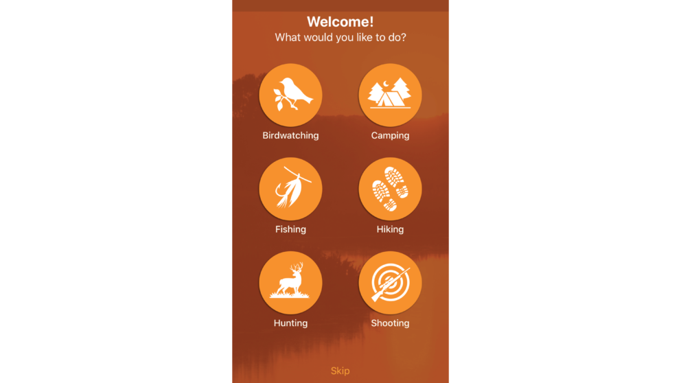 The welcome page of MO Outdoors app that prompts "what would you like to do?" with options to choose birdwatching, camping, fishing, hiking, hunting, and shooting.