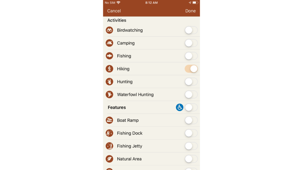 The filter list on MO Outdoors that includes activities and features. The activities and features are listed on the left side of the page with a toggle on and off button on the right side of the page. Hiking is currently toggled on with all other options toggeled off.
