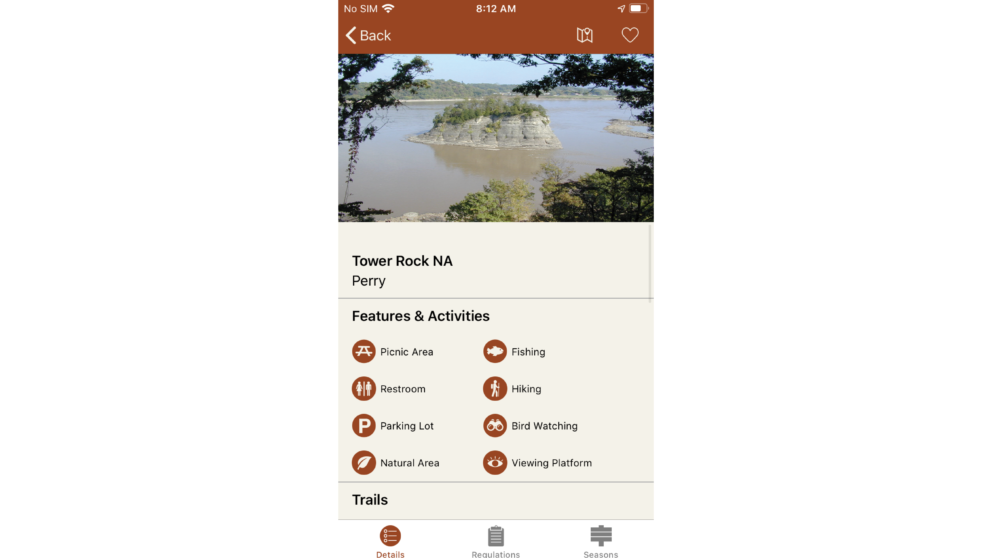 The current location page on MO Outdoors that lists the closest hiking spots near the user and has the features that the hiking location includes highlighted. Three out of four of the hiking locations are handicap accessible.