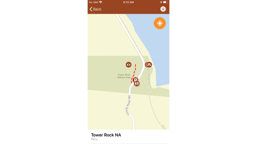 A map of the hiking location named Tower Rock NA which shows the features the area has and where they are located. These features include scenic lookovers, bathrooms, parking, and picnic tables.