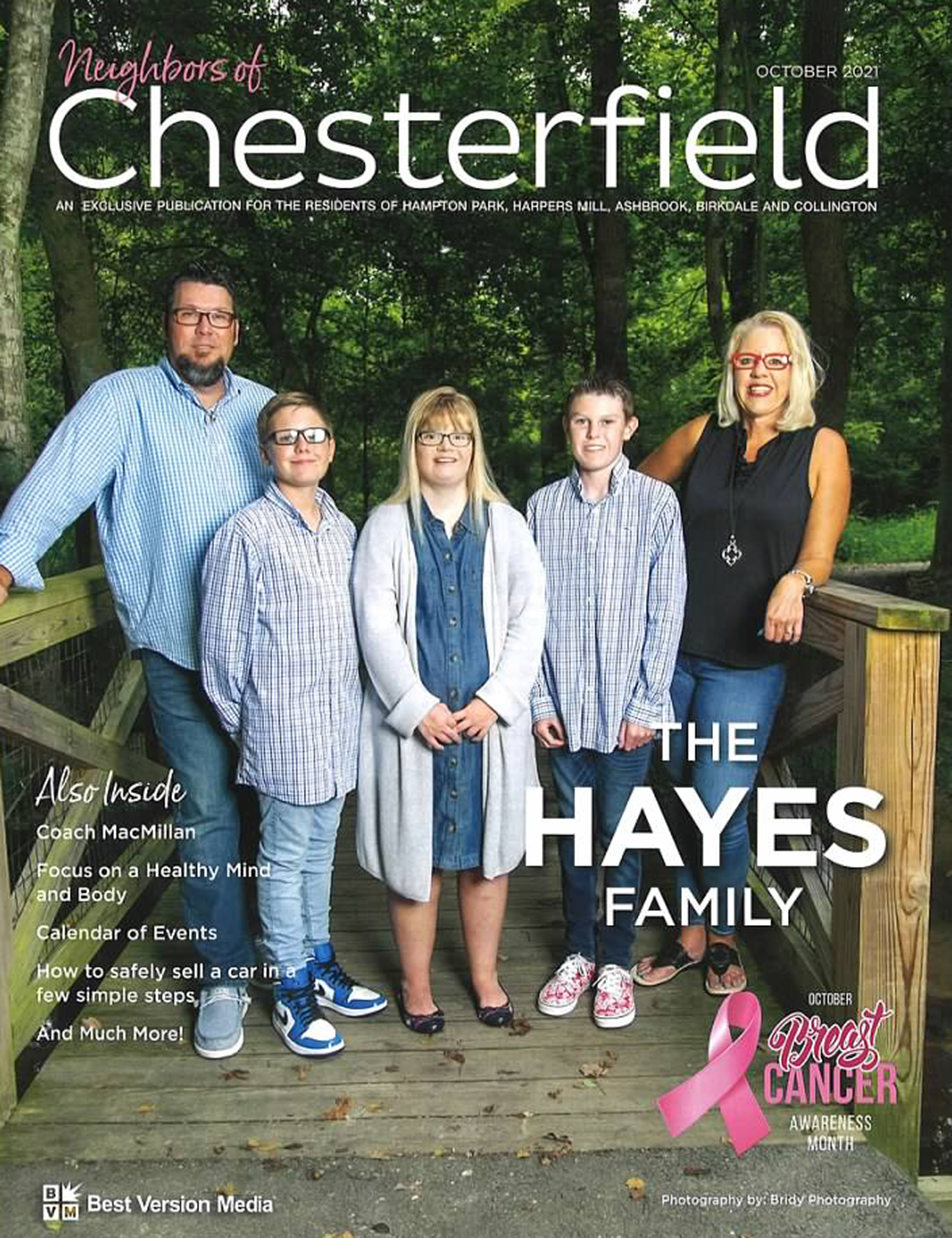 Shannon with her three kids and her husband on the cover of a magazine called Neighbors of Chesterfield.