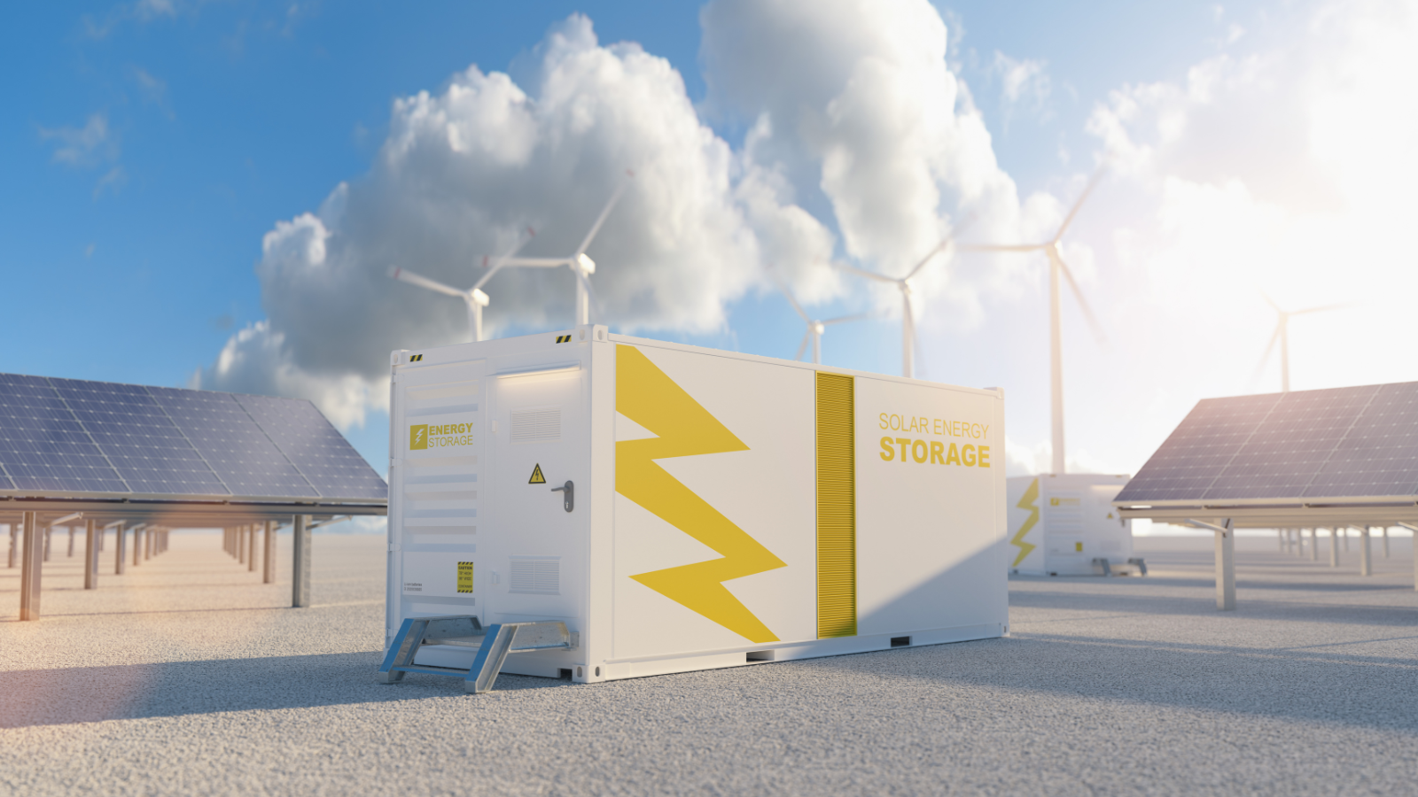 Stock image of a solar energy storage container. Behind the container are solar panels and windmills. 