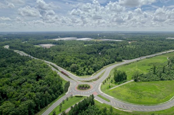 Aerial photo of the Meadowvilel Technology Park roundabout