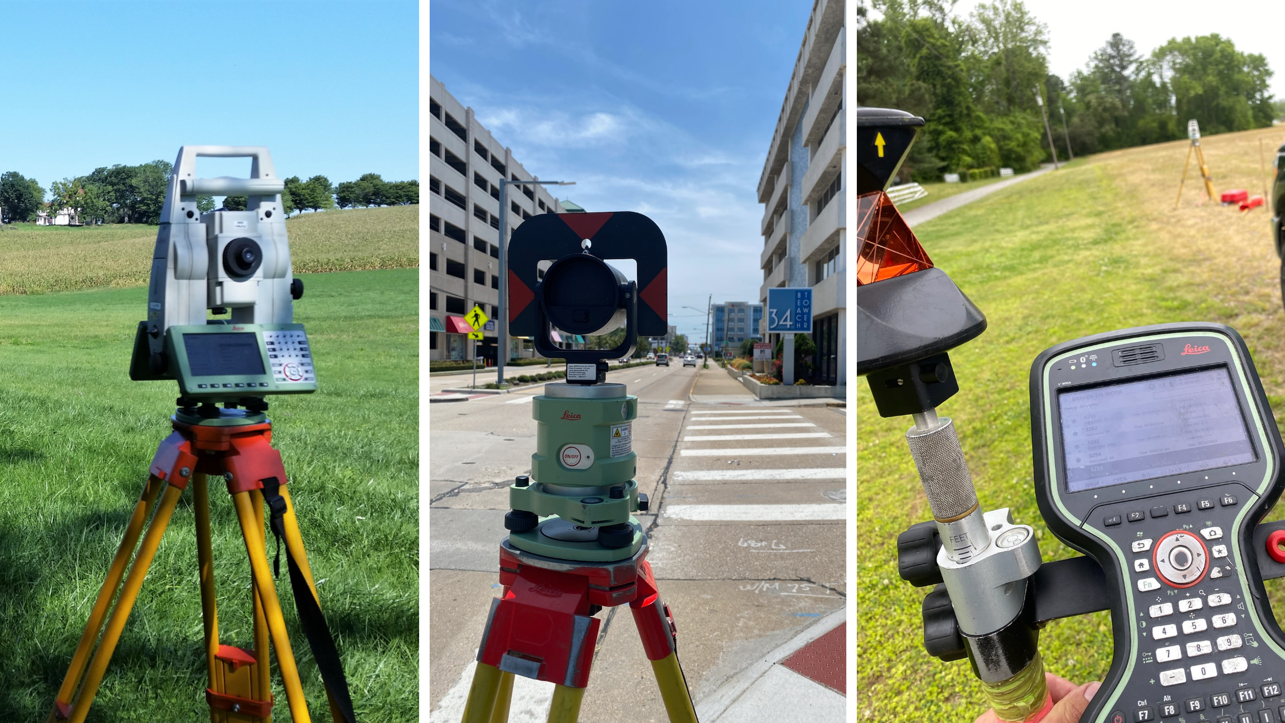 A collection of surveying instruments like a total station, a prism, and  GPS receiver.