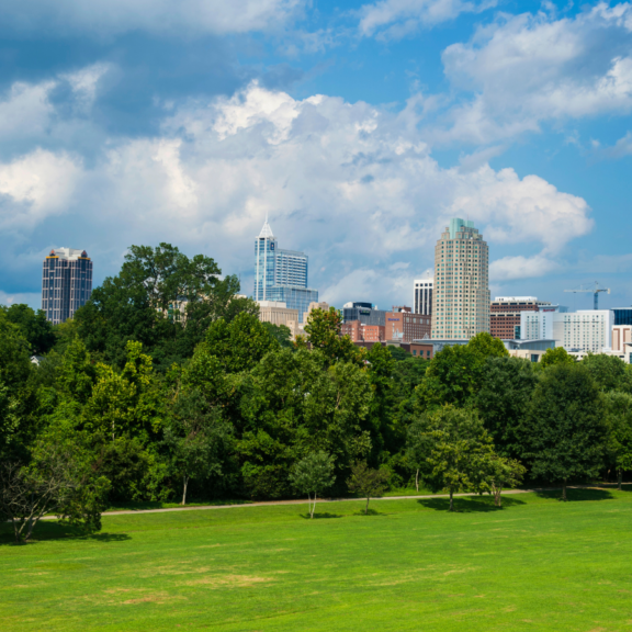 A picture of an open field at Dix Park with the skyline of the City of Raleigh in the background