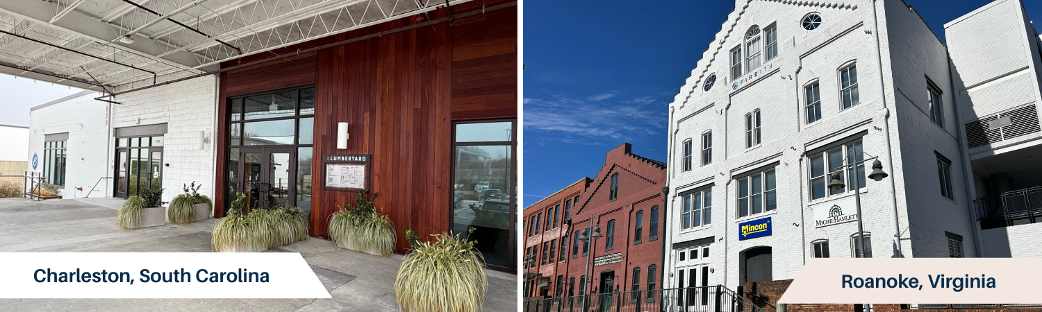 Image showing the Charleston office, a dark wood and white brick building, on the left and the Roanoke office, a white brick building, on the right.