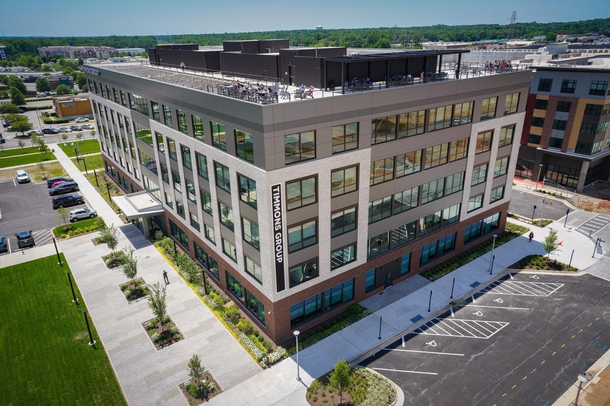 Aerial photo of Timmons Group headquarters at Springline at District 60 featuring modern architecture in an urban setting.