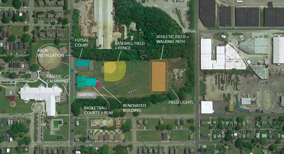 The animated render of Blackwell Park including the traffic calming region, arca installation, futsal court, parking, basketball courts, renovated buildings, athletic field and walking path, and field lights. All regions are highlighted with a distinctive color.