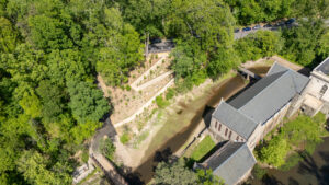 The top-down view of the Byrd Park Pump House with the ADA path leading up to the main building.