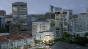 A rendering of the Commonwealth Courts Building and the surrounding cityscape at night.