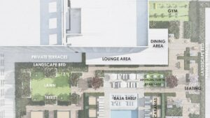 A rendering of a top-down view of the outside apartment area, which is specifically labeled with areas such as the pool, the lawn, the gym, etc.
