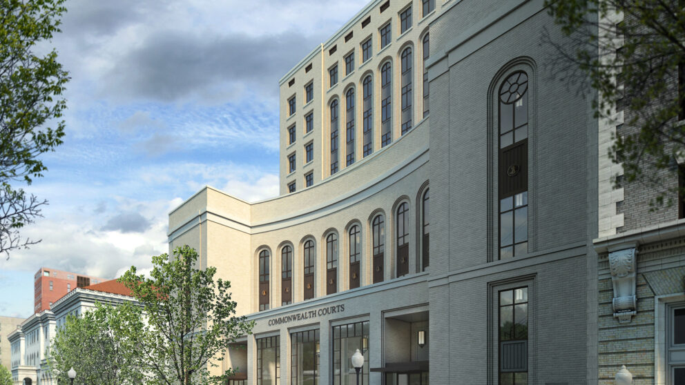 A rendering of the front of the commonwealth court during the day.