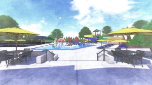 A colorful rendering of the side view at the Miller Park Pool. Many seating areas and slides surround the pool.