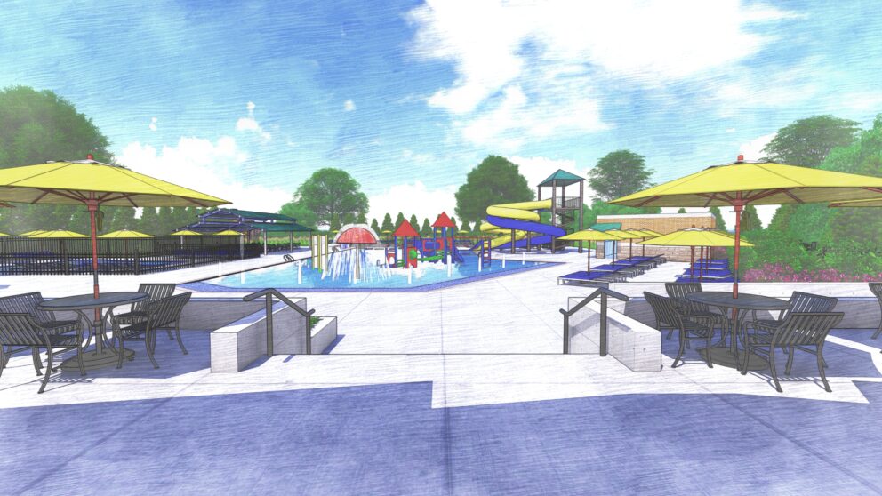 A colorful rendering of the side view at the Miller Park Pool. Many seating areas and slides surround the pool.