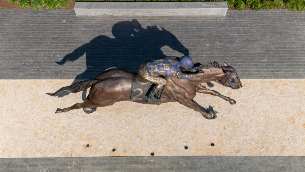 The top-down view of a large statue of a man riding a horse
