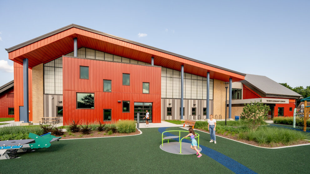 A rendering of the playground and building entrance at the TB Smith Community Center.