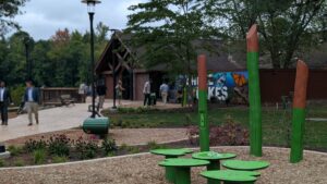 A playground with lily-pad shaped play equipment.