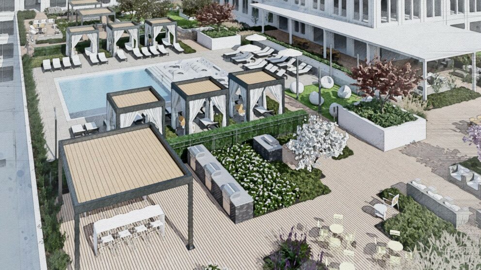 A rendering of the poolside area outside of the apartments which includes gazebos, pool chairs, and small flowerbeds