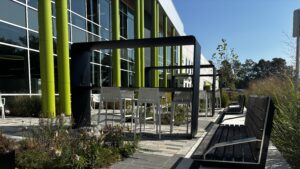 The patio on the side of the Feed More Headquarters with seating