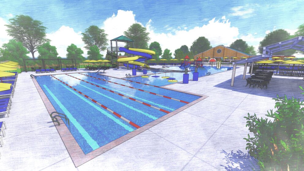 A colorful rendering of the pool and surrounding tile area.