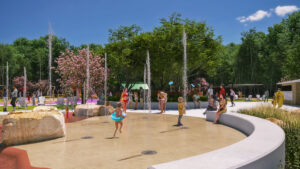 A rendering of children in swimsuits playing in a water-playground while parents watch on.