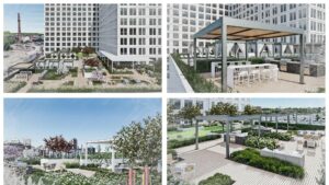 Four images side by side of the outdoor seating areas