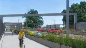 A rendering of people crossing the bridge during the day.
