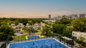 A far view rendering of the basketball court on the roof of the Lucks Field Community Center.