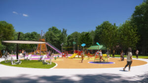 A rendering of children playing on play equipment while their parents watch.