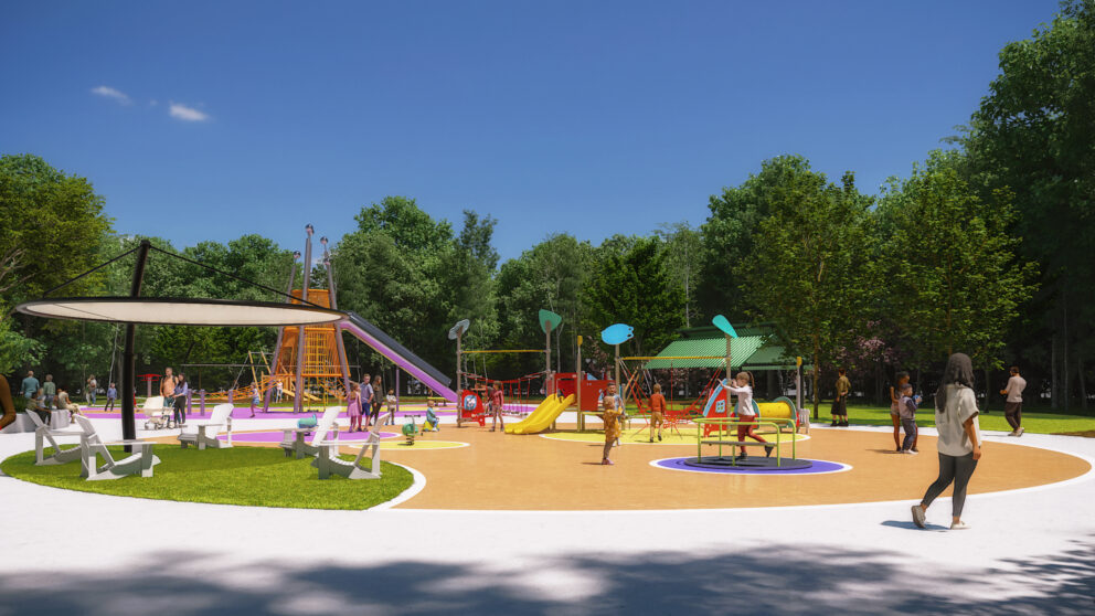 A rendering of children playing on play equipment while their parents watch.