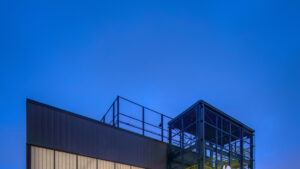 A rendering of the side of the Lucks Field Community Center at night.