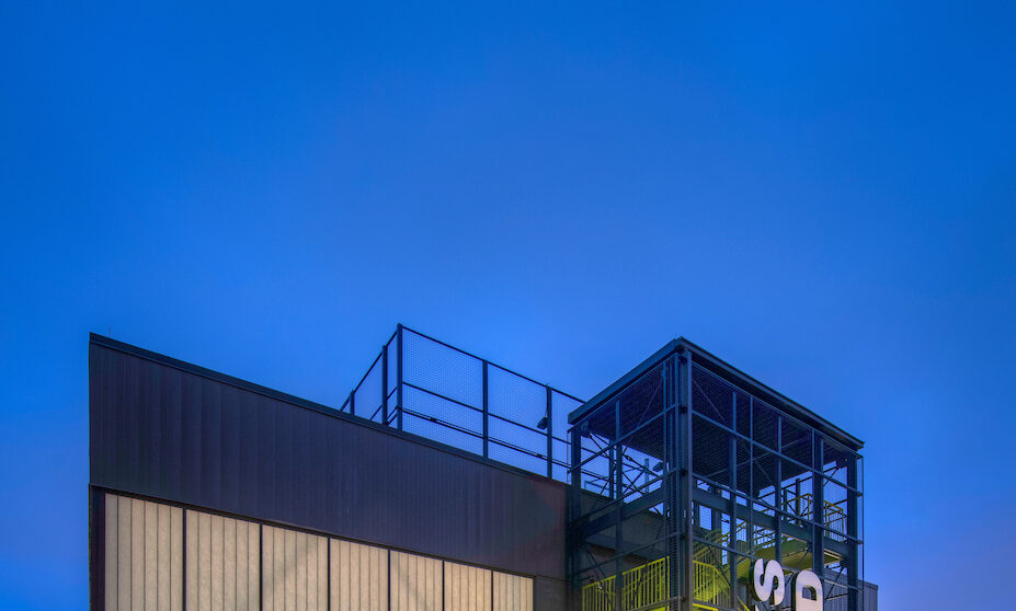 A rendering of the side of the Lucks Field Community Center at night.