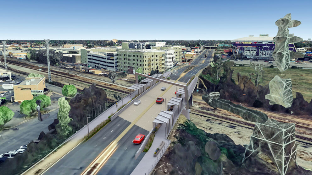 A rendering of cars passing the bridge during the day.