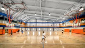 A rendering of an indoor basketball court inside the TB Smith Community Center.
