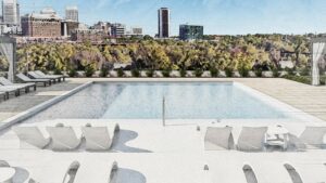 The final rendering of the pool which faces the city landscape