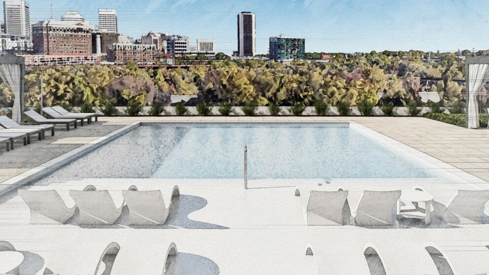 The final rendering of the pool which faces the city landscape