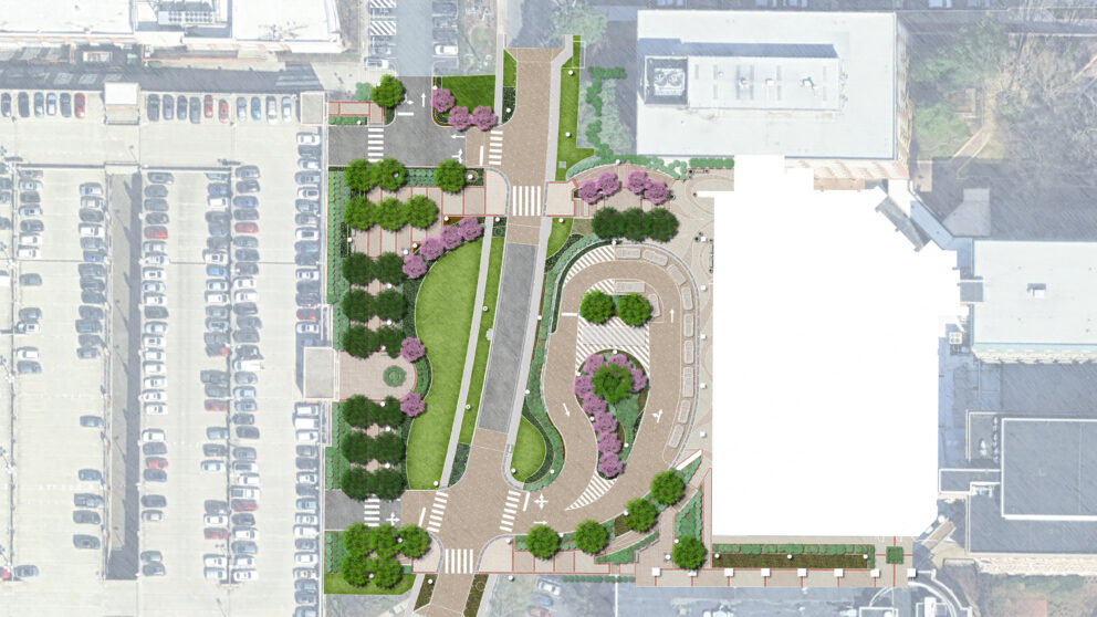 A rendering of the top-down view of the road in front of St. Mary's Hospital