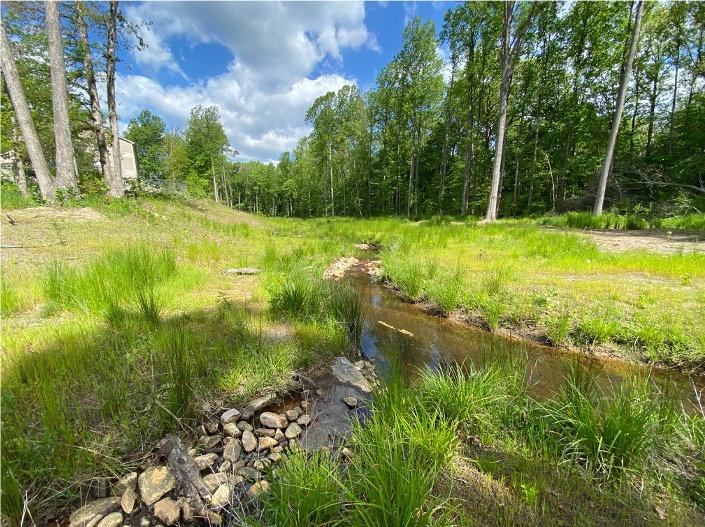 A restored stream for a local community near Richmond. The stream, which was previously impacted by an eroding channel, was restored to create additional floodplain capacity. The change protected the surrounding apartment community and local standalone homes.